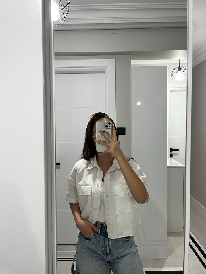 Beyaz Transparan Denim Kısa Kollu Gömlek - Görsel 2