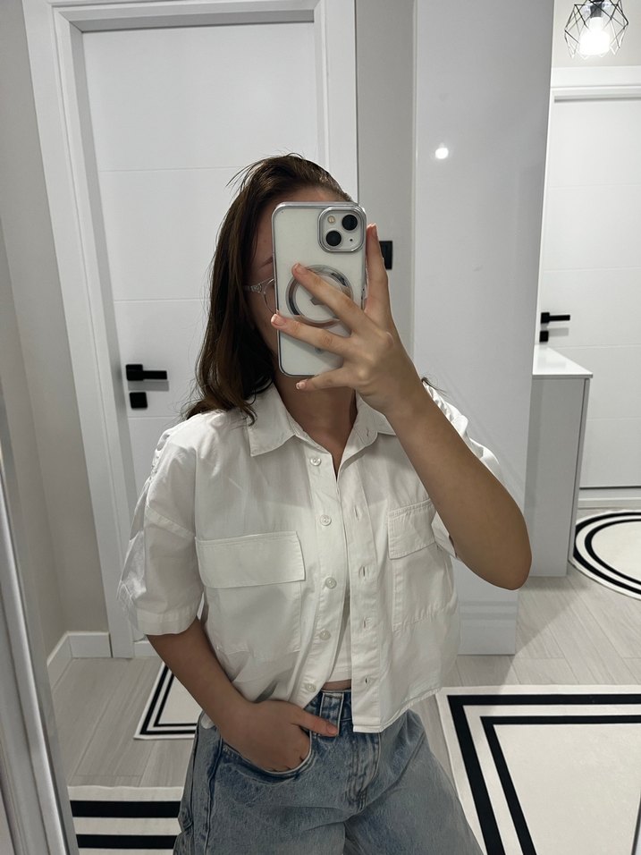 Beyaz Transparan Denim Kısa Kollu Gömlek - Görsel 3