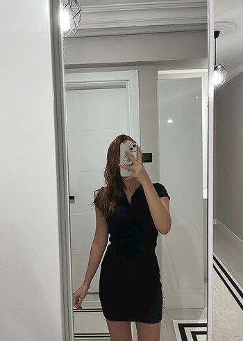 Siyah Mini Kollu Midi Elbise - Görsel 4