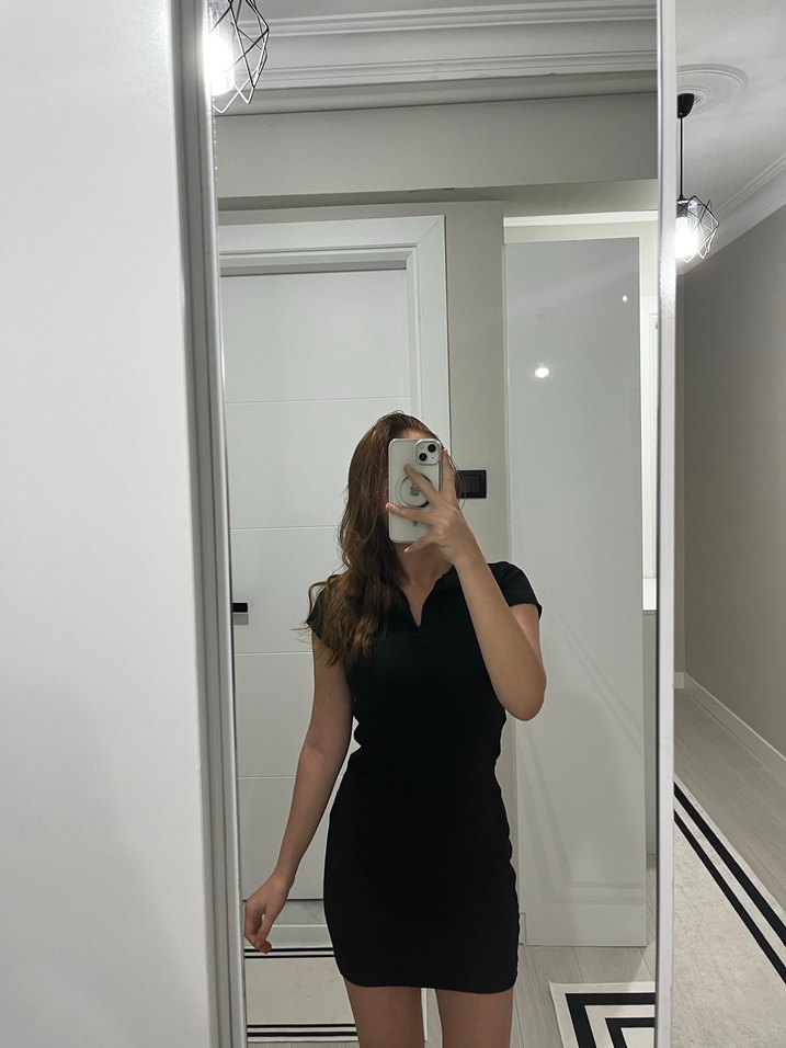 Siyah Mini Kollu Midi Elbise - Görsel 4