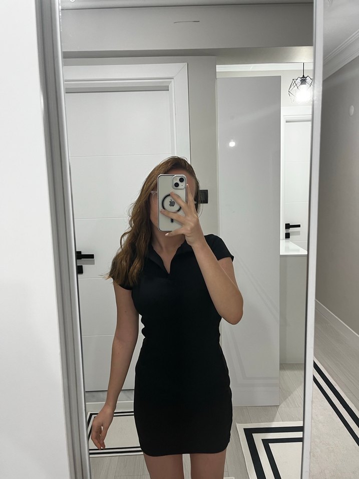 Siyah Mini Kollu Midi Elbise - Görsel 3