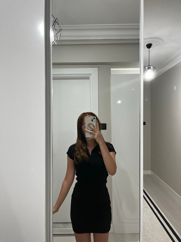 Siyah Mini Kollu Midi Elbise - Görsel 2