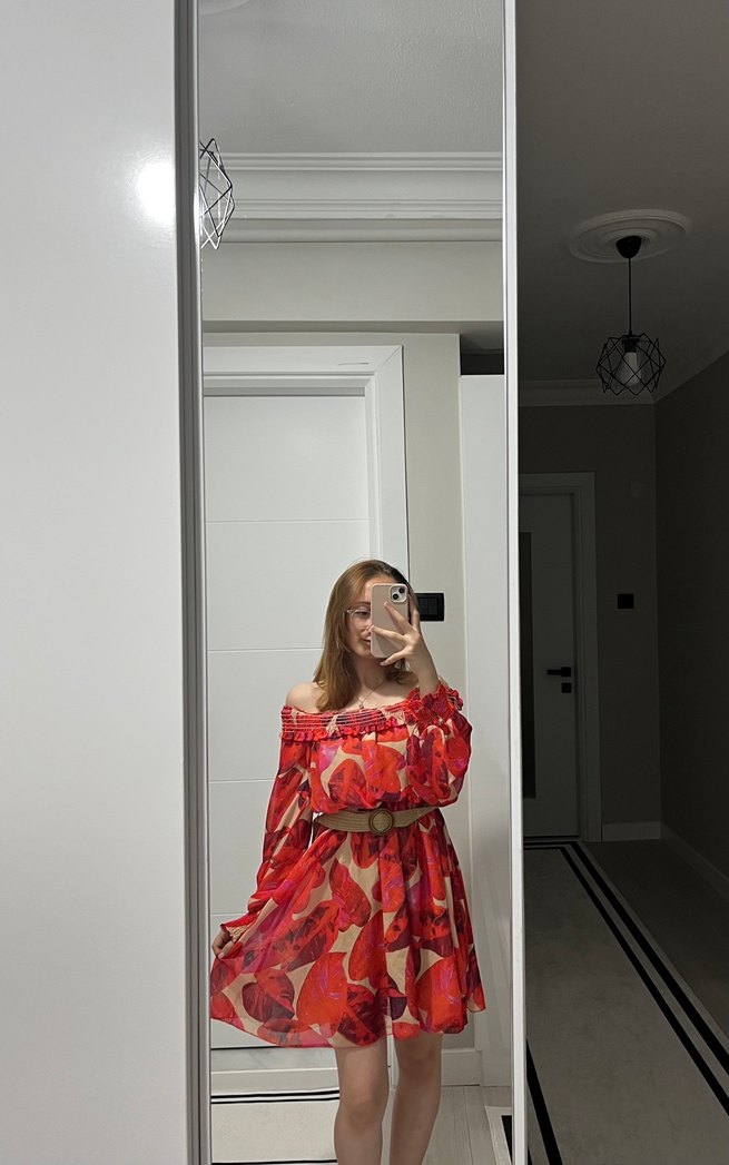 Kırmızı Transparan Bohem Mini Elbise - Görsel 2