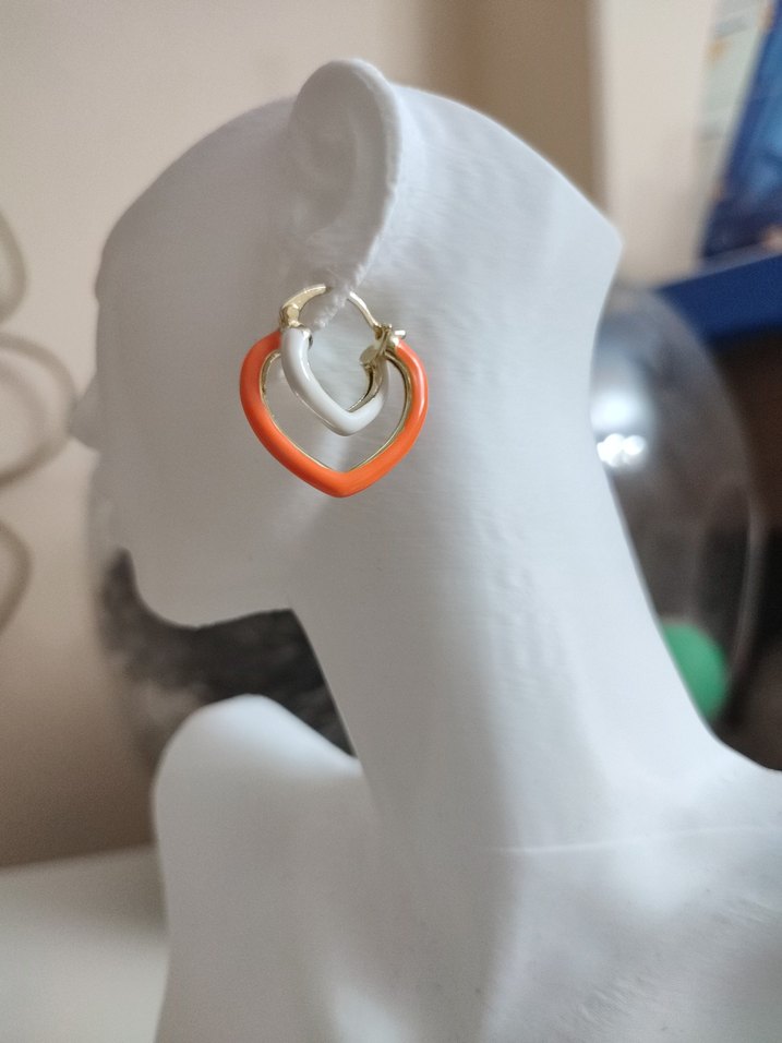 Turuncu Baskılı Midi Kalp Küpe - Görsel 2