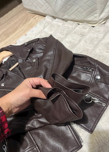 m Beden Kahverengi Deri Biker Ceket