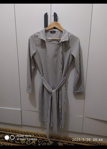 Gri Çizgili Midi Kadın Kemerli tunik - Görsel 3