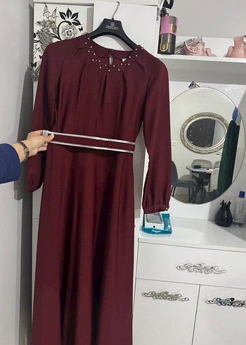 Diğer Bordo Uzun Kollu V Yakalı Kadın Elbise