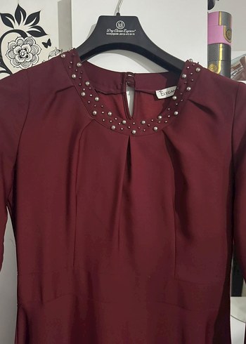 Bordo Uzun Kollu V Yakalı Kadın Elbise