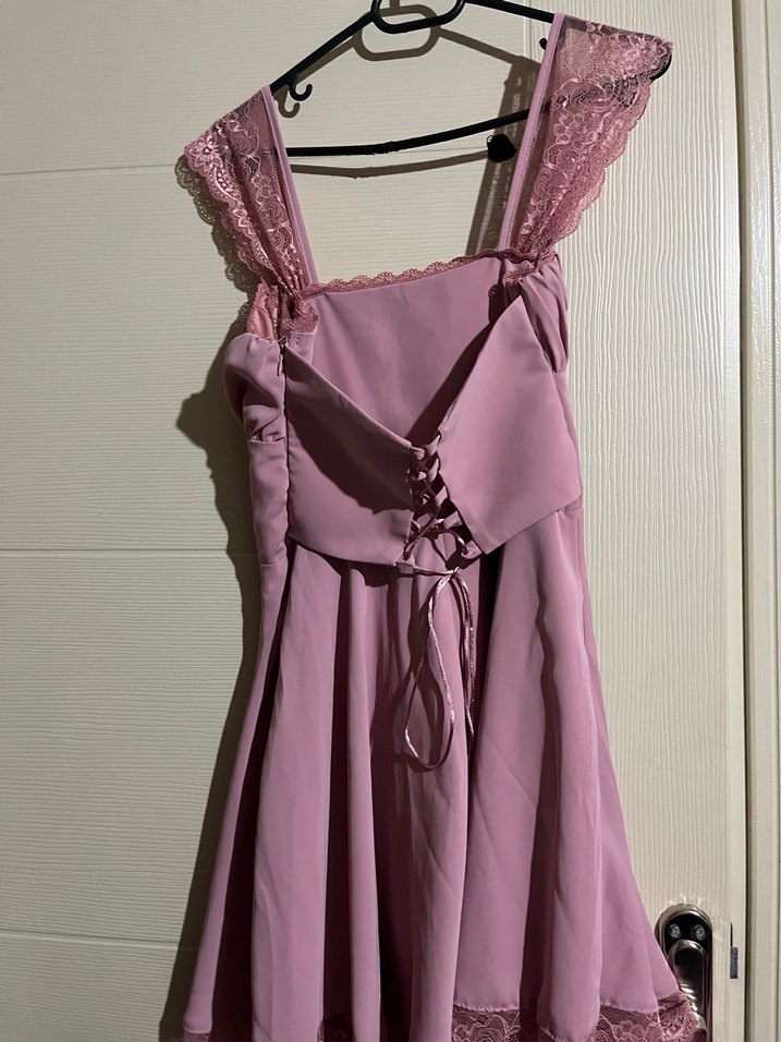 Dantel Detaylı Pudra Pembe Midi Elbise - Görsel 2