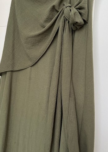 Drapeli Keten Kadın Uzun Etek - Haki - Görsel 2