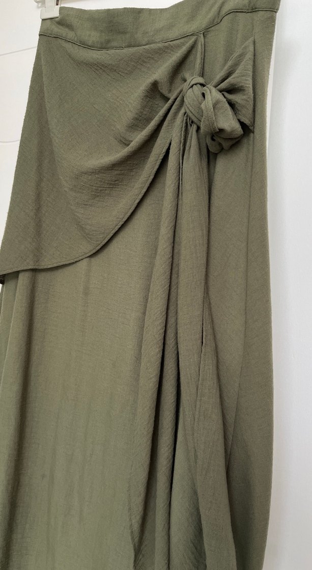Drapeli Keten Kadın Uzun Etek - Haki - Görsel 2