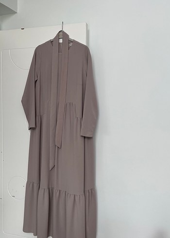 Bej Uzun Keten Elbise, Salaş Kesim, Drapeli - Görsel 2