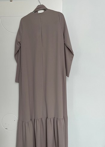 Bej Uzun Keten Elbise, Salaş Kesim, Drapeli - Görsel 3