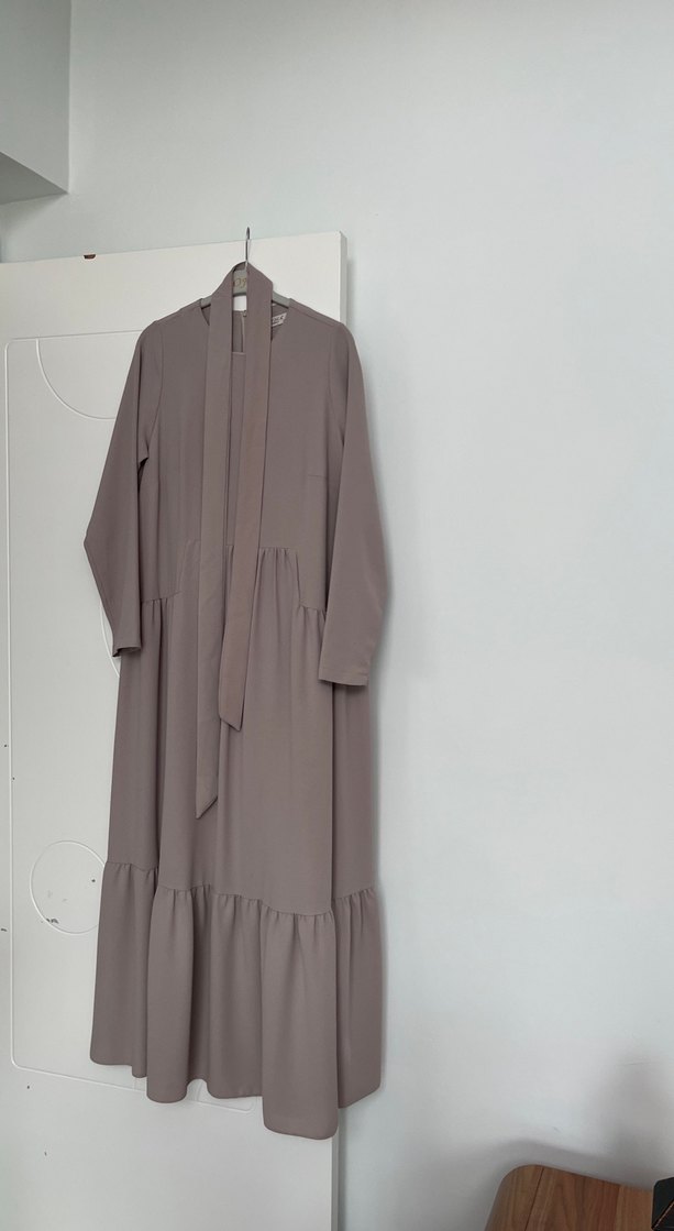 Bej Uzun Keten Elbise, Salaş Kesim, Drapeli - Görsel 2