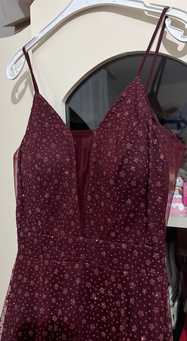 Bordo Dantel Detaylı Midi V Yaka Elbise - Görsel 3