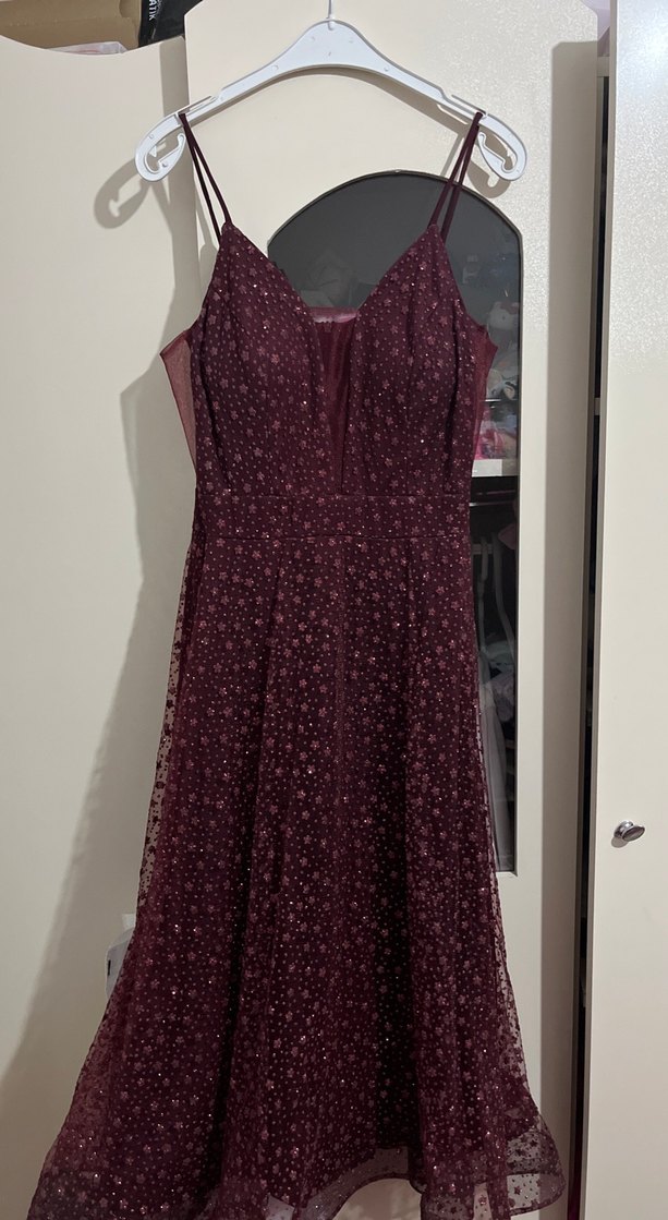 Bordo Dantel Detaylı Midi V Yaka Elbise - Görsel 2