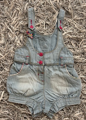 Kız Çocuk Gri Nakışlı Denim Tulum