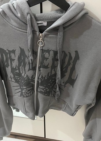 m Beden Gri Baskılı Fermuarlı Kapüşonlu Sweatshirt