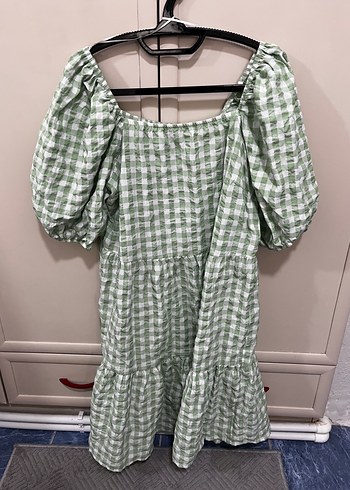 Yeşil Kareli Midi Elbise, Ruffled, Kısa Kollu