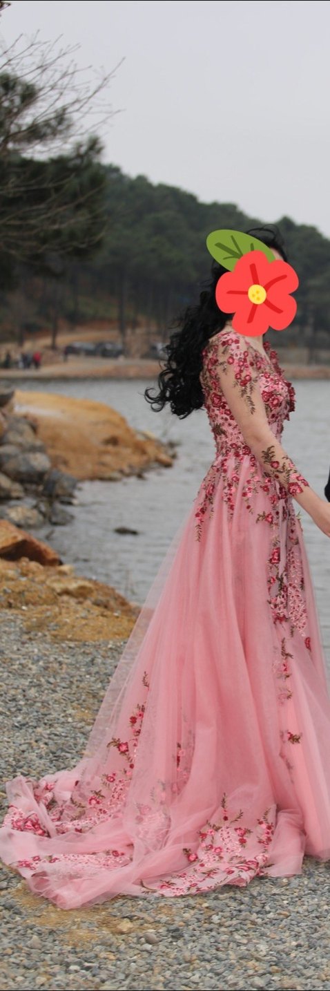 Pembe Drapeli Çiçek Desenli Uzun Kollu Uzun nişan elbisesi - Görsel 4