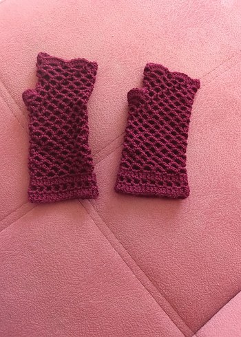 Bordo Dantel Örgü Kadın Eldiven - Görsel 2