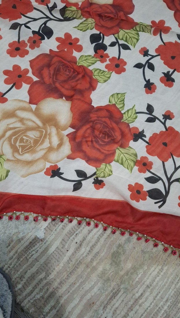 Boncuk İşlemeli Kırmızı Bohem Kadın Fuları - Görsel 3