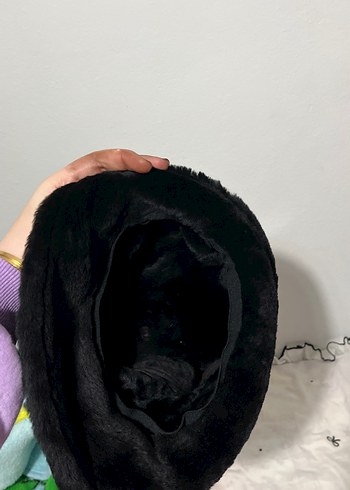 Kürk Detaylı Siyah Süet Kadın Şapka - Görsel 2