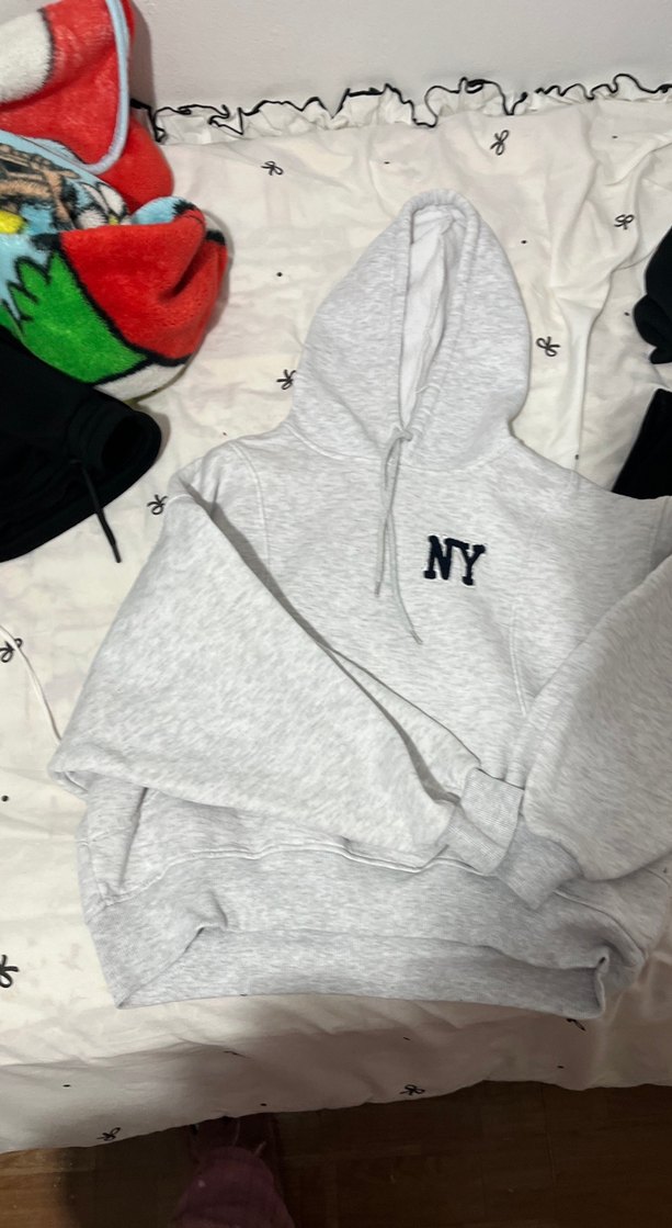 Gri Kapüşonlu NY Baskılı Kadın Sweatshirt - Görsel 2