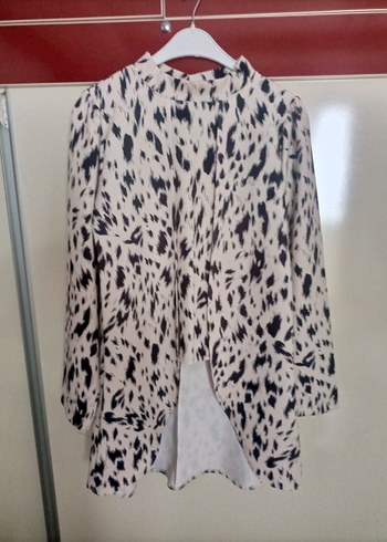 s Beden kahverengi Renk Kadın Uzun Kollu Zebra Desenli V Yaka Bluz