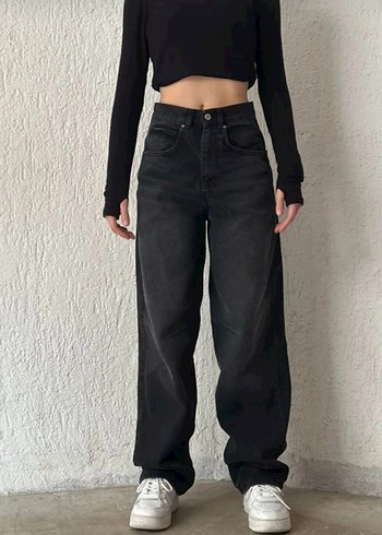 Siyah baggy ayarlanabilir bel tokalı bol paça kot pantolon