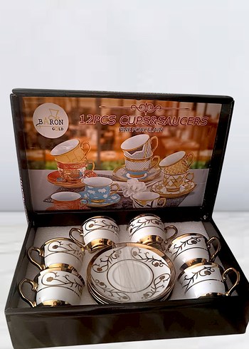 Altın Detaylı Beyaz Porselen 6'lı Fincan Takımı