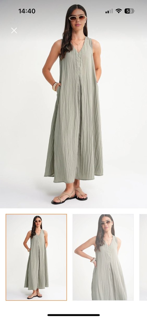 Bej Gri Keten Pilili Uzun Askılı Elbise - Görsel 2