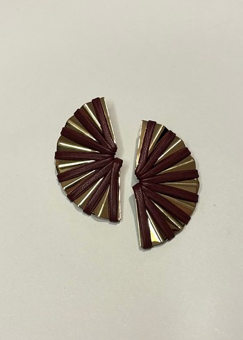 Bordo, Açık ve Koyu Kahverengi Pilili Deri Detaylı Küpe - Görsel 2