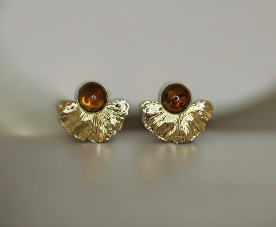 Vintage Düğmeli Yelpaze Gold Küpe - Görsel 2