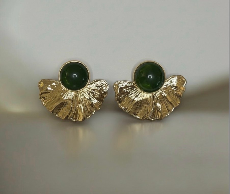 Vintage Düğmeli Yelpaze Gold Küpe - Görsel 5