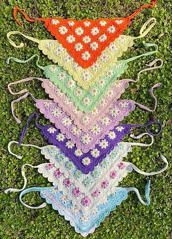 Örgü saç bandı bandana papatya çiçekli motifli