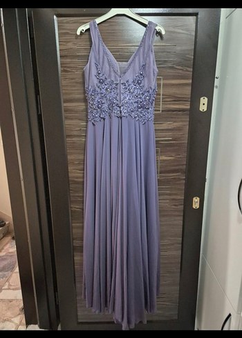 İşlemeli Dantel Detaylı Uzun Mor Abiye Elbise - Görsel 3