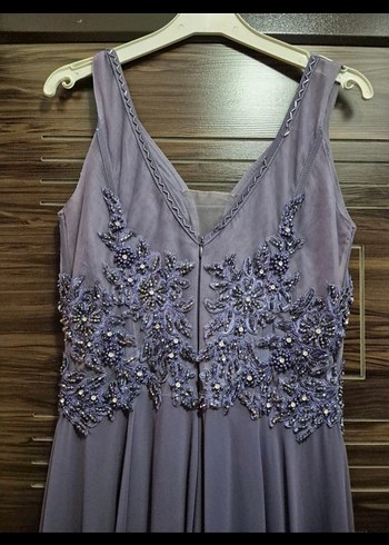 İşlemeli Dantel Detaylı Uzun Mor Abiye Elbise - Görsel 4