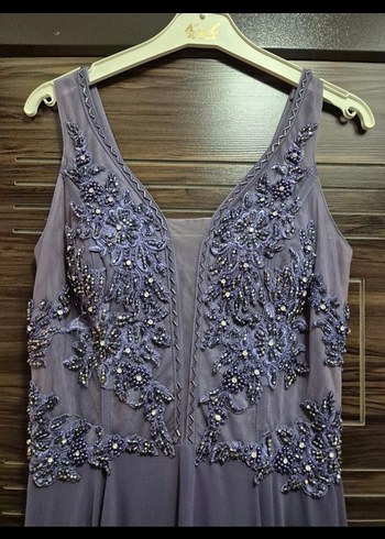 İşlemeli Dantel Detaylı Uzun Mor Abiye Elbise - Görsel 2