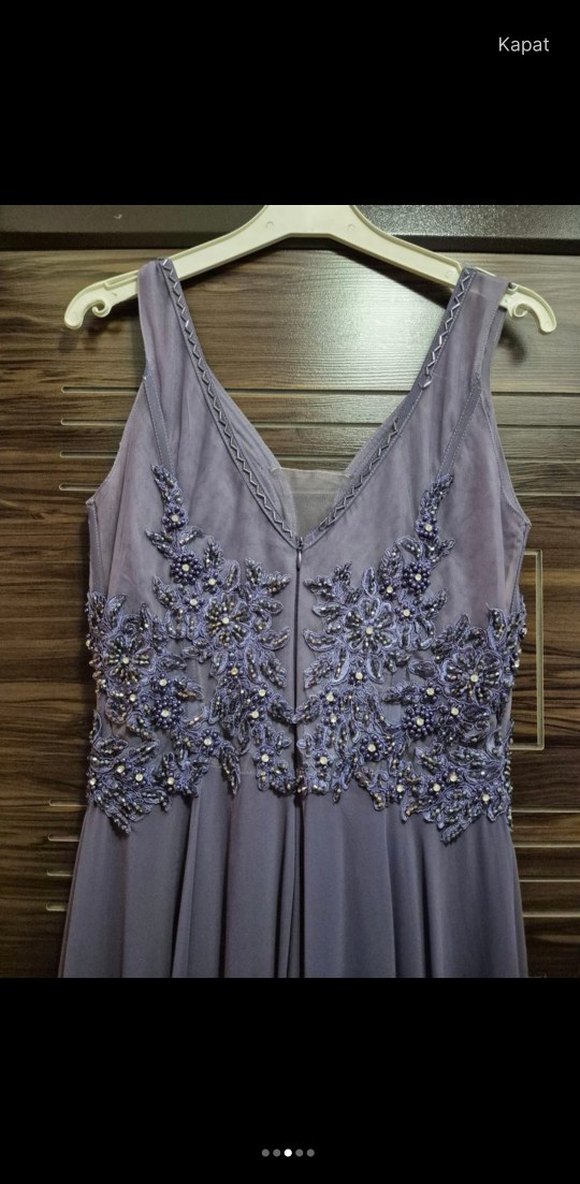 İşlemeli Dantel Detaylı Uzun Mor Abiye Elbise - Görsel 4