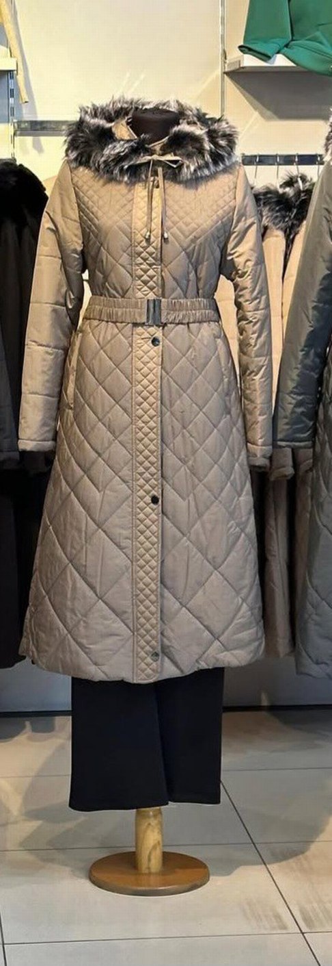 Bej Uzun Kemerli Kadın Kışlık Mont - Görsel 2