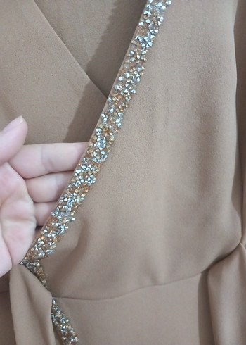 Bej Uzun Kollu Drapeli Kadın Abiye Elbise - Görsel 2