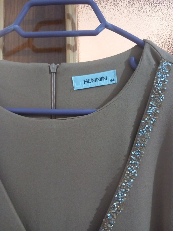 Bej Uzun Kollu Drapeli Kadın Abiye Elbise - Görsel 3