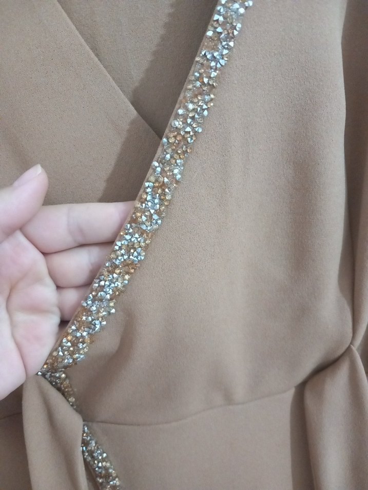 Bej Uzun Kollu Drapeli Kadın Abiye Elbise - Görsel 2