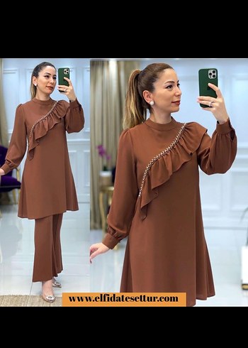 Uzun Kollu Kahverengi Fırfırlı Tunik - Görsel 4