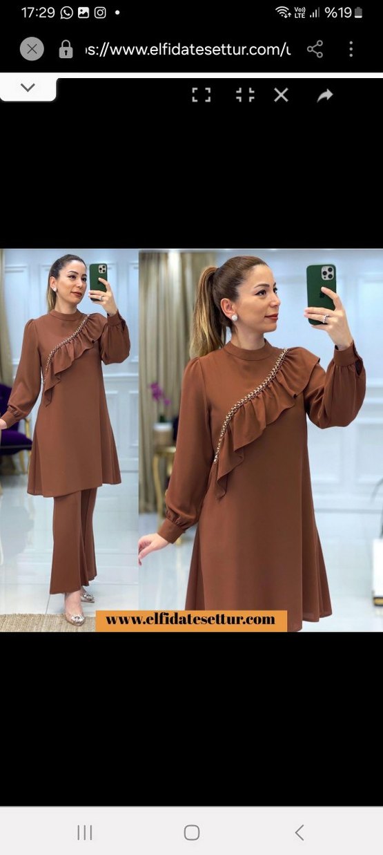 Uzun Kollu Kahverengi Fırfırlı Tunik - Görsel 4