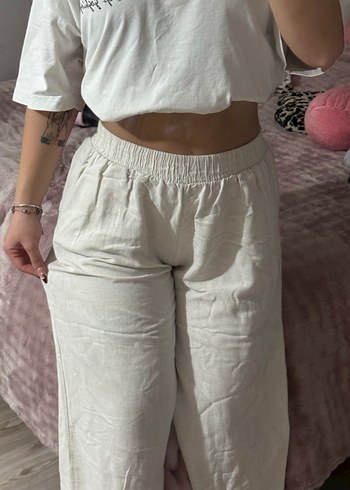 Beyaz Keten Rahat Kesim Midi Kadın Pantolon - Görsel 2