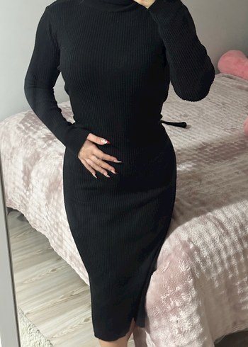 Siyah Balıkçı Yaka Triko Midi Elbise - Görsel 3