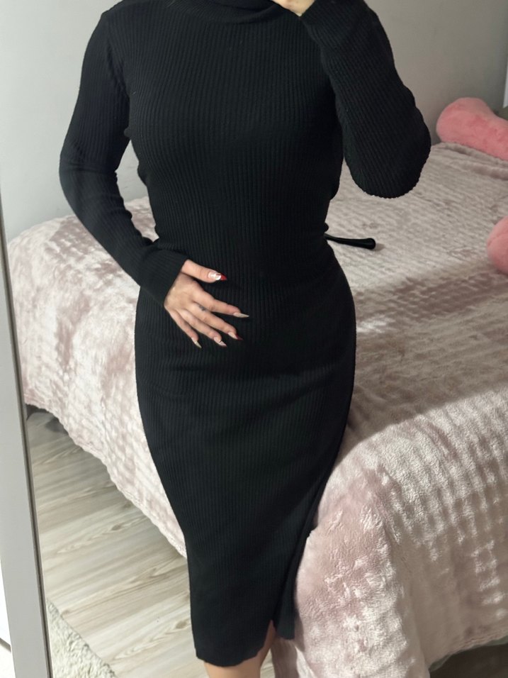 Siyah Balıkçı Yaka Triko Midi Elbise - Görsel 3