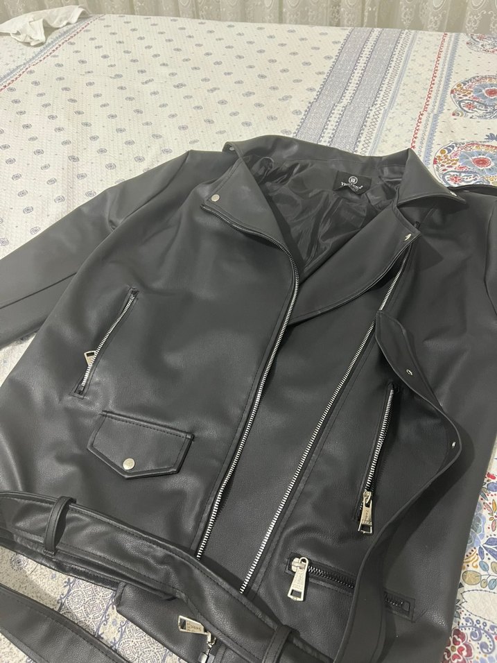 Kadın Siyah Deri Biker Ceket - Görsel 4